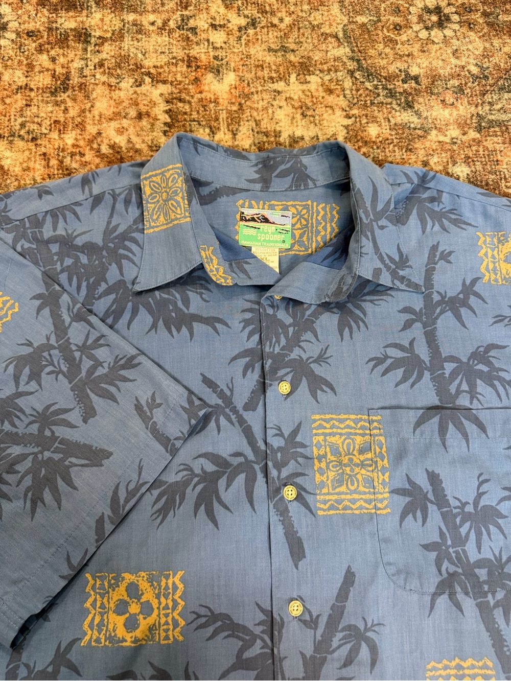 Reyn Spooner Men’s XL Blue Yellow Hawaiian Tropical Floral SS Button-Up Pockets